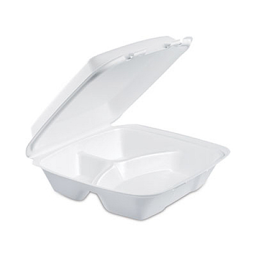 Dart Foam Hinged Lid Container, 3 Compartments, 8 oz, 9 x 9.4 x 3, White, 100/Sleeve, 2 Sleeves/Carton (90HT3R)