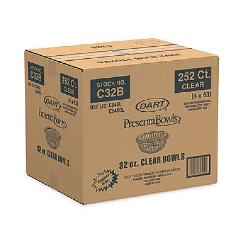 Dart PresentaBowls Clear Bowls, 32 oz, Plastic, 63/Bag, 252/Carton (C32B)