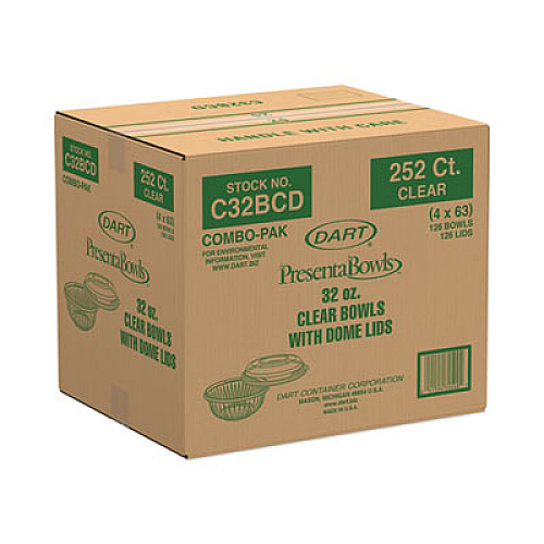 Dart PresentaBowls Bowl/Lid Combo-Paks, 32 oz, Clear, Plastic, 63/Pack, 4 Pack/Carton (C32BCD)