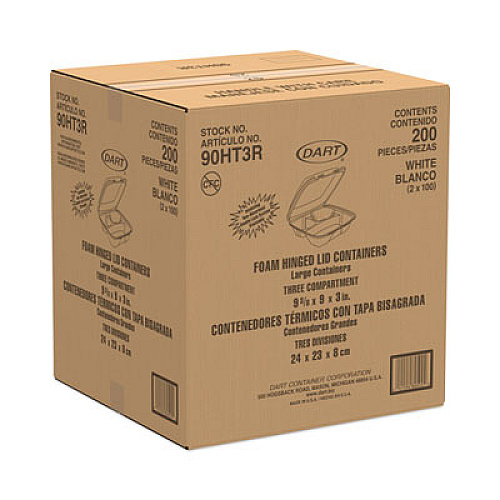 Dart Foam Hinged Lid Container, 3 Compartments, 8 oz, 9 x 9.4 x 3, White, 100/Sleeve, 2 Sleeves/Carton (90HT3R)