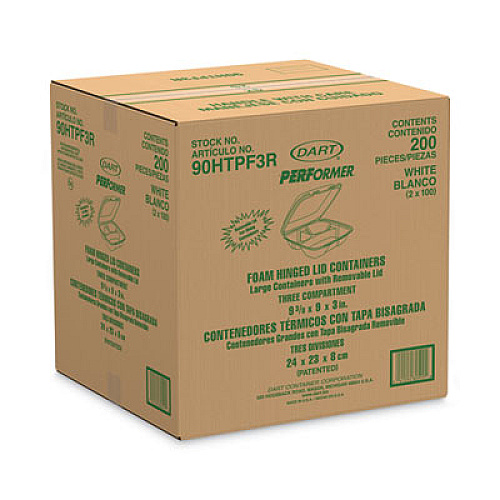 Dart Foam Hinged Lid Container, Performer Perforated Lid, 3 Compartments, 9 x 9.4 x 3, White, 100/Bag, 2 Bag/Carton (90HTPF3R)