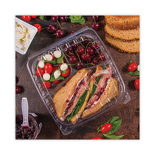 Dart ClearSeal Hinged-Lid Plastic Containers, 3 Compartments, 9.4 x 8.9 x 3, Plastic, 100/Bag, 2 Bags/Carton (C95PST3)