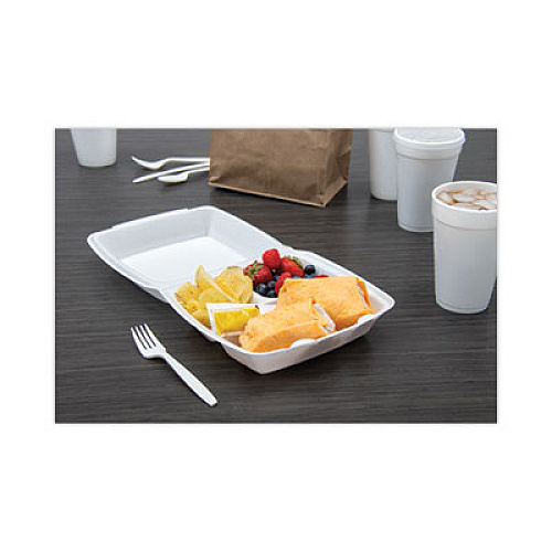 Dart Foam Hinged Lid Container, 3 Compartments, 8 oz, 9 x 9.4 x 3, White, 100/Sleeve, 2 Sleeves/Carton (90HT3R)