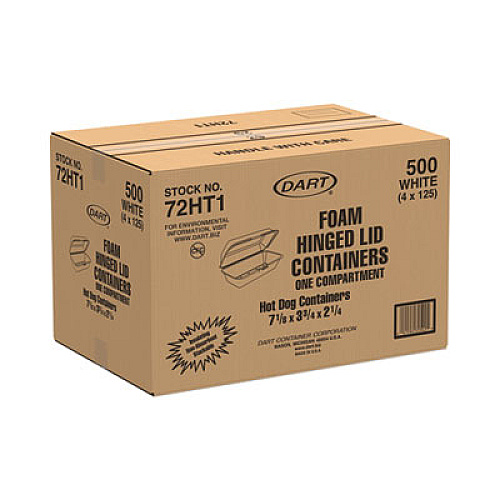 Dart Foam Hinged Lid Container, Hot Dog Container, 3.8 x 7.1 x 2.3, White, 125/Bag, 4 Bags/Carton (72HT1)