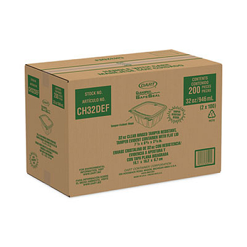 Dart ClearPac SafeSeal rPET Tamper-Resistant Container, ProPlanet Seal, Flat Lid, 32 oz, Clear, 100/Bag, 2 Bags/Carton (CH32DEF)