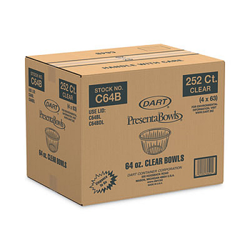 Dart PresentaBowls Clear Bowls, 64 oz, Plastic, 63/Bag, 252/Carton (C64B)