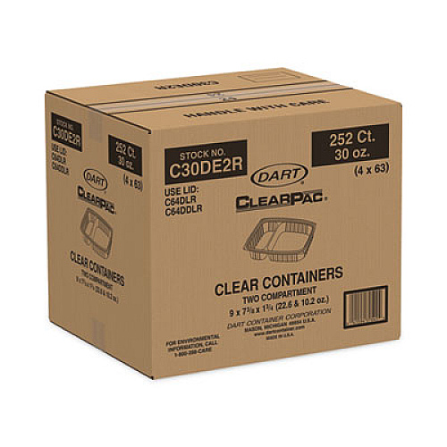 Dart ClearPac Containers, 2 Compartments, 32.8 oz, 7.4 x 9 x 1.7, Clear, Plastic, 63/Pack, 4 Packs/Carton (C30DE2R)