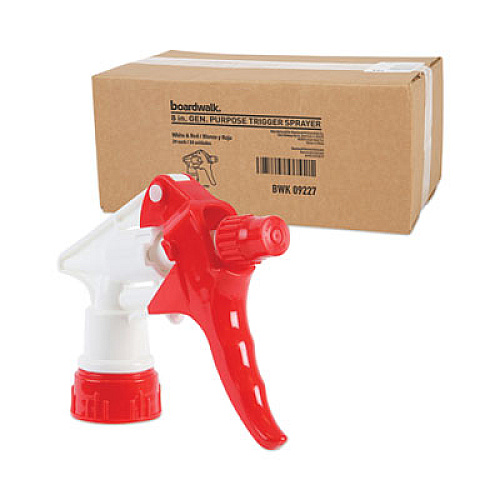 Boardwalk General Purpose Trigger Sprayer, 8" Tube, Fits 16 oz to 24 oz Bottles, Red/White, 24/Carton (09227)