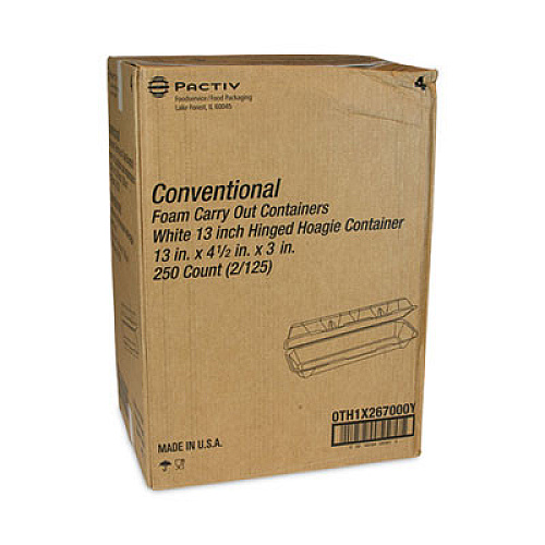 Pactiv Evergreen Foam Hinged Lid Containers, Dual Tab Lock Hoagie, 13 x 4.5 x 3, White, 250/Carton (0TH1X267000Y)