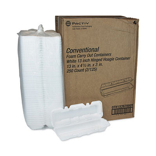 Pactiv Evergreen Foam Hinged Lid Containers, Dual Tab Lock Hoagie, 13 x 4.5 x 3, White, 250/Carton (0TH1X267000Y)