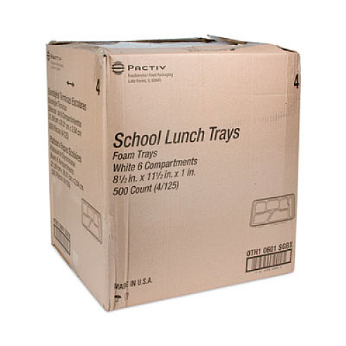 Pactiv Evergreen Foam School Trays, 6-Compartment Tray, 8.5 x 11.5 x 1.25, White, 500/Carton (0TH10601SGBX)