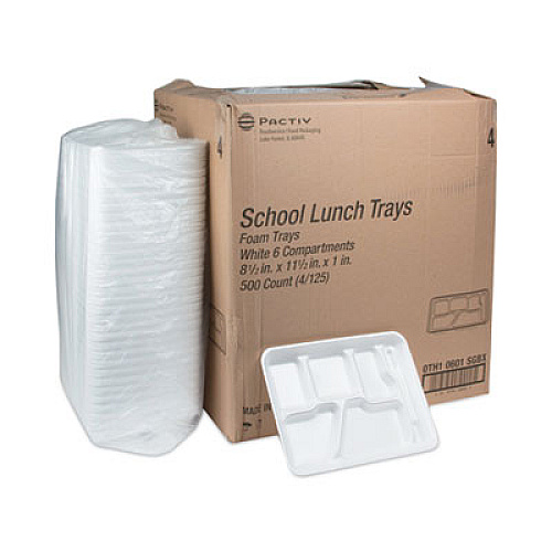 Pactiv Evergreen Foam School Trays, 6-Compartment Tray, 8.5 x 11.5 x 1.25, White, 500/Carton (0TH10601SGBX)