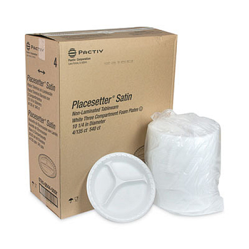 Pactiv Evergreen Placesetter Satin Non-Laminated Foam Dinnerware, 3-Compartment Plate, 10.25" dia, White, 540/Carton (0TH10044000Y)