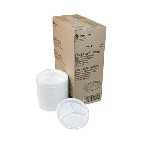 Pactiv Evergreen Placesetter Deluxe Laminated Foam Dinnerware, 3-Compartment Plate, 10.25" dia, White, 540/Carton (0TK10044000Y)