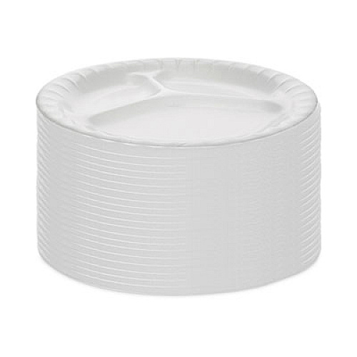 Pactiv Evergreen Placesetter Deluxe Laminated Foam Dinnerware, 3-Compartment Plate, 8.88" dia, White, 500/Carton (0TK100110000)