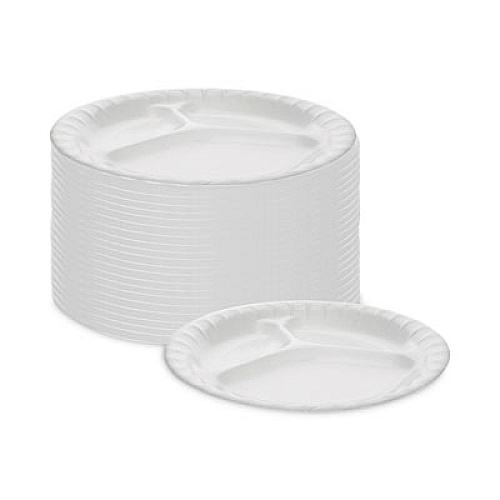 Pactiv Evergreen Placesetter Deluxe Laminated Foam Dinnerware, 3-Compartment Plate, 8.88" dia, White, 500/Carton (0TK100110000)