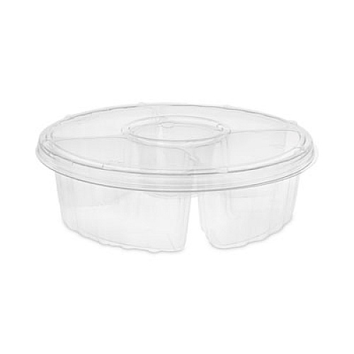 Pactiv Evergreen Dip Cup Platter, 4 Compartments, 64 oz, 10" Diameter, Clear, Plastic, 100/Carton (1064DP4CLRL)