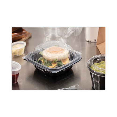 Pactiv Evergreen EarthChoice Vented Dual Color Microwavable Hinged Lid Container, 16 oz, 6 x 6 x 3.1, Black/Clear, Plastic, 321/Carton (DC6610B000)