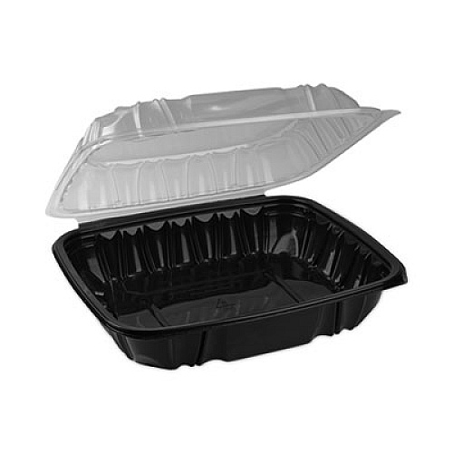 Pactiv Evergreen EarthChoice Vented Dual Color Microwavable Hinged Lid Container, 66 oz, 10.5 x 9.5 x 3.1, Black/Clear, Plastic, 132/Carton (DC109100B000)