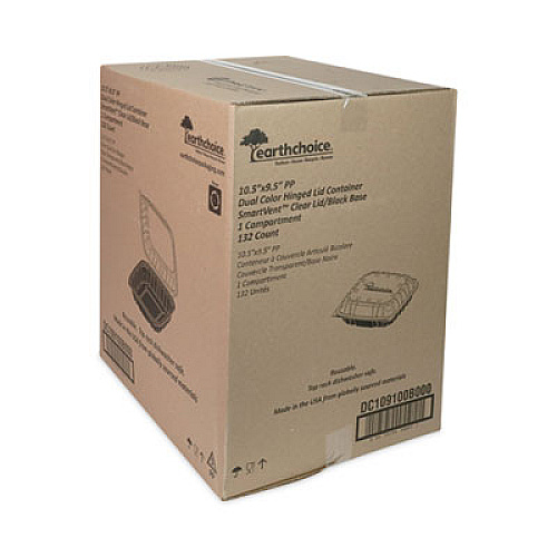 Pactiv Evergreen EarthChoice Vented Dual Color Microwavable Hinged Lid Container, 66 oz, 10.5 x 9.5 x 3.1, Black/Clear, Plastic, 132/Carton (DC109100B000)