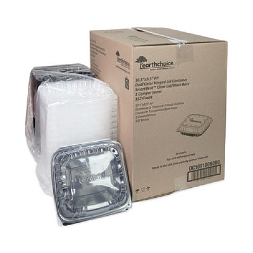 Pactiv Evergreen EarthChoice Vented Dual Color Microwavable Hinged Lid Container, 66 oz, 10.5 x 9.5 x 3.1, Black/Clear, Plastic, 132/Carton (DC109100B000)