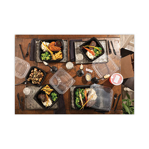Pactiv Evergreen EarthChoice Vented Dual Color Microwavable Hinged Lid Container, 66 oz, 10.5 x 9.5 x 3.1, Black/Clear, Plastic, 132/Carton (DC109100B000)