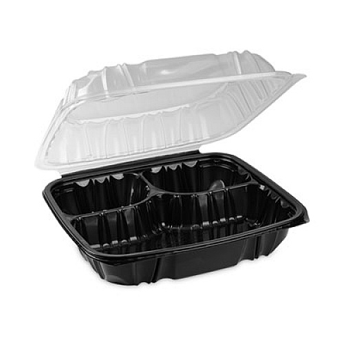 Pactiv Evergreen EarthChoice Vented Dual Color Microwavable Hinged Lid Container, 3 Compartments, 54 oz, Black/Clear, Plastic, 132/Carton (DC109310B000)