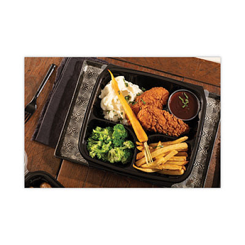Pactiv Evergreen EarthChoice Vented Dual Color Microwavable Hinged Lid Container, 3 Compartments, 54 oz, Black/Clear, Plastic, 132/Carton (DC109310B000)