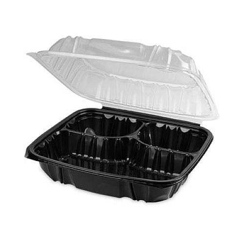 Pactiv Evergreen EarthChoice Vented Dual Color Microwavable Hinged Lid Container, 3 Compartments, 54 oz, Black/Clear, Plastic, 132/Carton (DC109310B000)