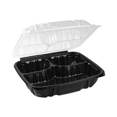 Pactiv Evergreen EarthChoice Vented Dual Color Microwavable Hinged Lid Container, 3-Compartment Base/Lid, 54 oz, Black/Clear, Plastic, 132/CT (DC109330B000)