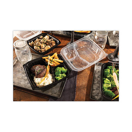 Pactiv Evergreen EarthChoice Vented Dual Color Microwavable Hinged Lid Container, 3-Compartment Base/Lid, 54 oz, Black/Clear, Plastic, 132/CT (DC109330B000)