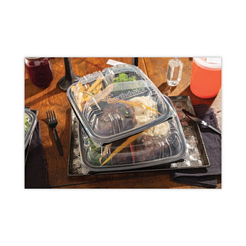Pactiv Evergreen EarthChoice Vented Dual Color Microwavable Hinged Lid Container, 3-Compartment Base/Lid, 54 oz, Black/Clear, Plastic, 132/CT (DC109330B000)