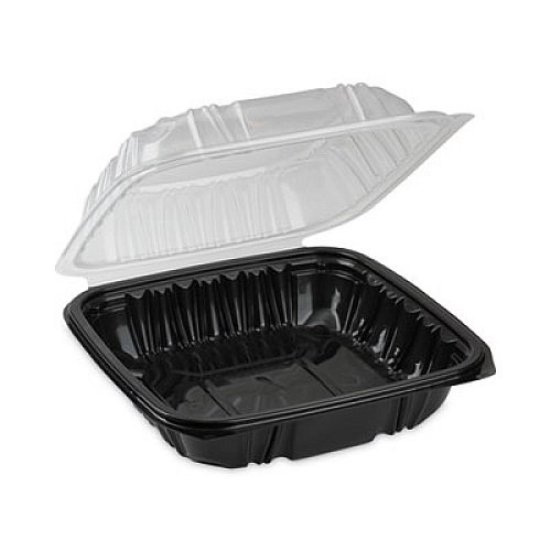 Pactiv Evergreen EarthChoice Vented Dual Color Microwavable Hinged Lid Container, 28 oz, 7.5 x 7.5 x 3.1, Black/Clear, Plastic, 150/Carton (DC757100B000)