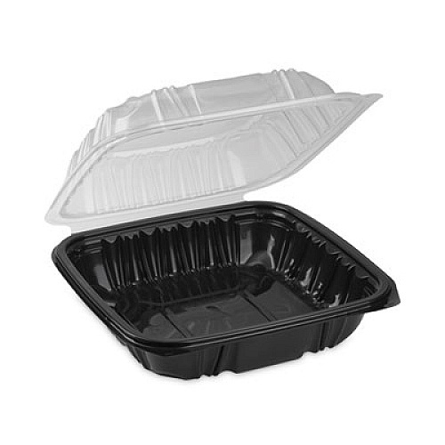 Pactiv Evergreen EarthChoice Vented Dual Color Microwavable Hinged Lid Container, 38 oz, 8.5 x 8.6 x 3.1, Black/Clear, Plastic, 150/Carton (DC858100B000)