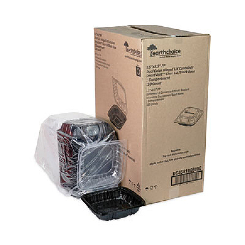 Pactiv Evergreen EarthChoice Vented Dual Color Microwavable Hinged Lid Container, 38 oz, 8.5 x 8.6 x 3.1, Black/Clear, Plastic, 150/Carton (DC858100B000)