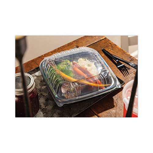Pactiv Evergreen EarthChoice Vented Dual Color Microwavable Hinged Lid Container, 38 oz, 8.5 x 8.6 x 3.1, Black/Clear, Plastic, 150/Carton (DC858100B000)