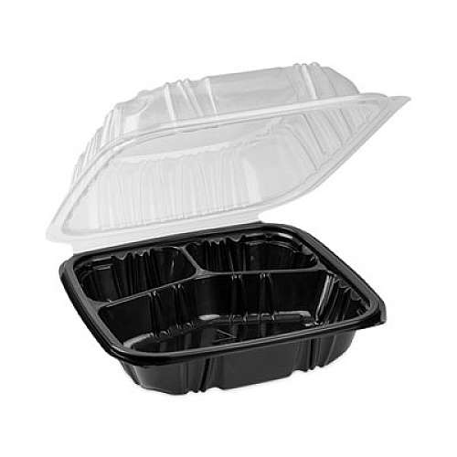 Pactiv Evergreen EarthChoice Vented Dual Color Microwavable Hinged Lid Container, 3 Compartments, 33 oz, Black/Clear, Plastic, 150/Carton (DC858310B000)