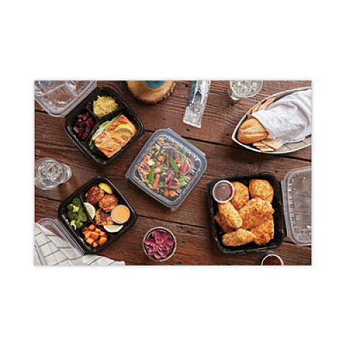 Pactiv Evergreen EarthChoice Vented Dual Color Microwavable Hinged Lid Container, 3 Compartments, 33 oz, Black/Clear, Plastic, 150/Carton (DC858310B000)