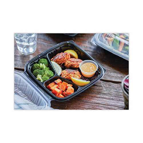 Pactiv Evergreen EarthChoice Vented Dual Color Microwavable Hinged Lid Container, 3 Compartments, 33 oz, Black/Clear, Plastic, 150/Carton (DC858310B000)