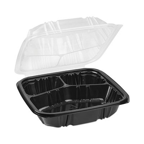 Pactiv Evergreen EarthChoice Vented Dual Color Microwavable Hinged Lid Container, 3 Compartment Base/Lid, 33 oz, Black/Clear, Plastic, 150/CT (DC858330B000)