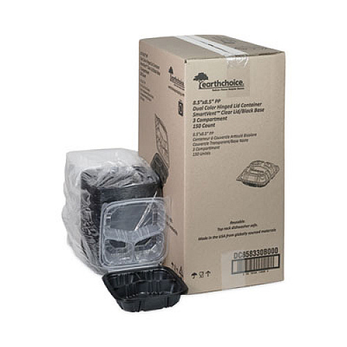 Pactiv Evergreen EarthChoice Vented Dual Color Microwavable Hinged Lid Container, 3 Compartment Base/Lid, 33 oz, Black/Clear, Plastic, 150/CT (DC858330B000)