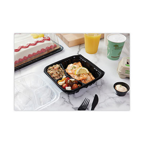 Pactiv Evergreen EarthChoice Vented Dual Color Microwavable Hinged Lid Container, 3 Compartment Base/Lid, 33 oz, Black/Clear, Plastic, 150/CT (DC858330B000)