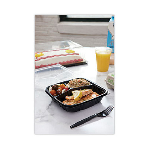 Pactiv Evergreen EarthChoice Vented Dual Color Microwavable Hinged Lid Container, 3 Compartment Base/Lid, 33 oz, Black/Clear, Plastic, 150/CT (DC858330B000)