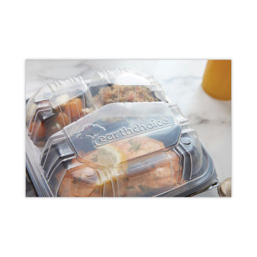 Pactiv Evergreen EarthChoice Vented Dual Color Microwavable Hinged Lid Container, 3 Compartment Base/Lid, 33 oz, Black/Clear, Plastic, 150/CT (DC858330B000)