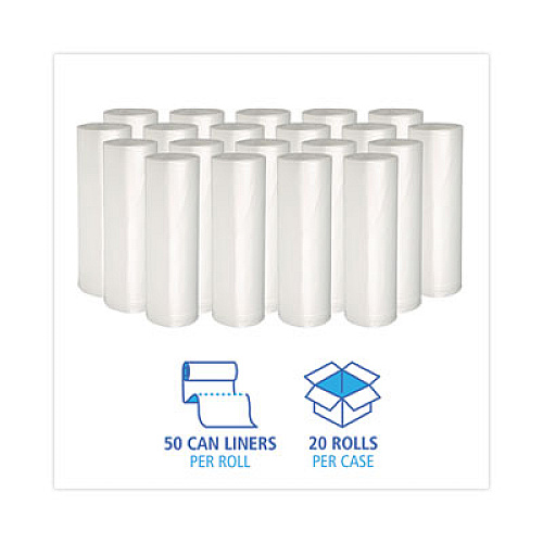 Boardwalk High-Density Can Liners, 16 gal, 6 mic, 24" x 33", Natural, Perforated Roll, 50 Bags/Roll, 20 Rolls/Carton (243306)