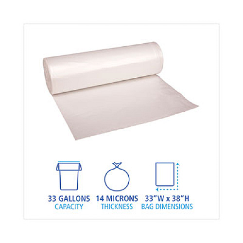 Boardwalk High-Density Can Liners, 33 gal, 14 mic, 33" x 38", Natural, Perforated Roll, 25 Bags/Roll, 10 Rolls/Carton (334016)