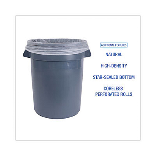 Boardwalk High-Density Can Liners, 33 gal, 14 mic, 33" x 38", Natural, Perforated Roll, 25 Bags/Roll, 10 Rolls/Carton (334016)