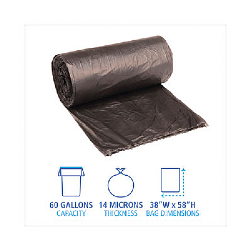 Boardwalk High-Density Can Liners, 60 gal, 14 mic, 38" x 58", Black, Perforated Roll, 25 Bags/Roll, 8 Rolls/Carton (385814K)