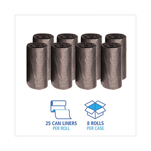 Boardwalk High-Density Can Liners, 60 gal, 14 mic, 38" x 58", Black, Perforated Roll, 25 Bags/Roll, 8 Rolls/Carton (385814K)