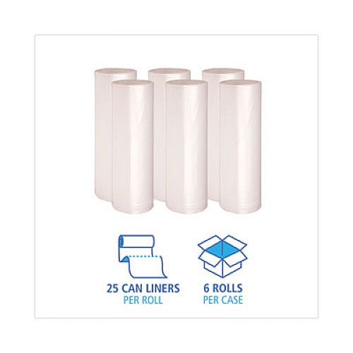 Boardwalk High-Density Can Liners, 60 gal, 19 mic, 38" x 58", Natural, Perforated Roll, 25 Bags/Roll, 6 Rolls/Carton (385822)